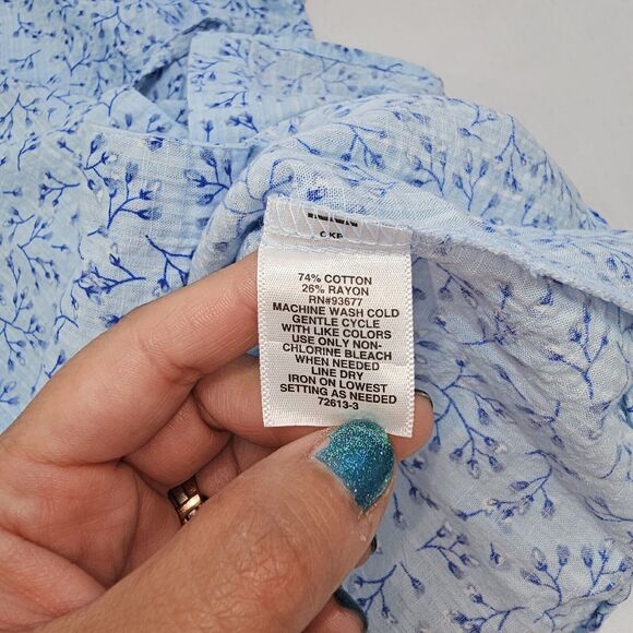 Liz Claiborne Womens Size M Blue Faux Wrap Button Up Blouse Micro Prairie Floral - Picture 7 of 9